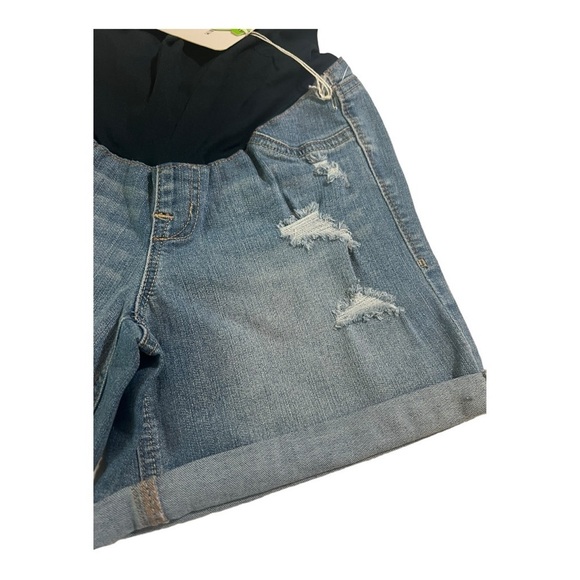 Leora 1822 Denim Rolled Cuff Distressed Maternity Denim Shorts Medium Wash - Picture 3 of 14